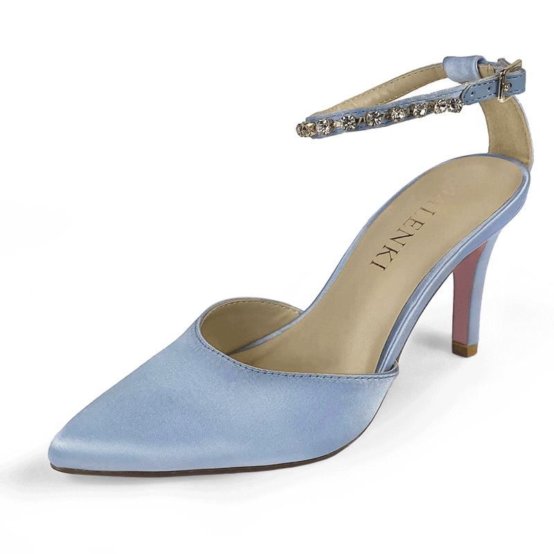 Gabriella Light Blue Rhinestone Ankle Strap Heels for Women With Small Feet