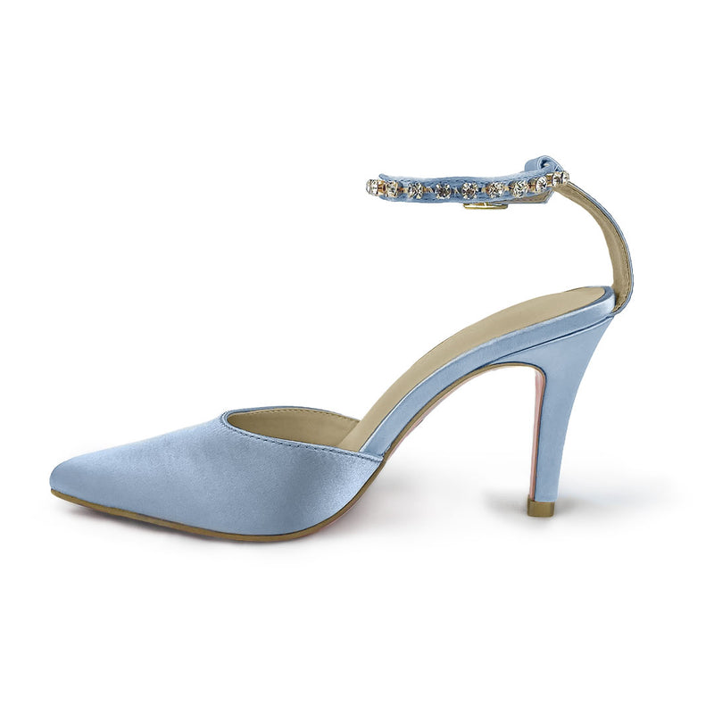 Gabriella Light Blue Rhinestone Ankle Strap Heels for Women With Small Feet